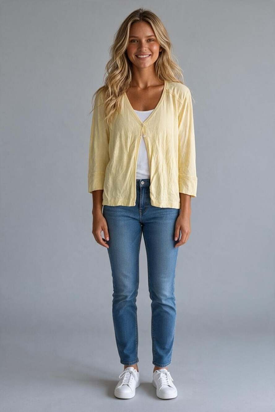 EDDIE BAUER Cardigan Size 3X Yellow w/ Cute Accents 2 Button 100% Cotton